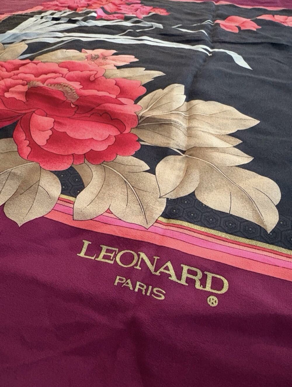 Leonard Paris Silk Scarf Floral Peony Print Plum Black 34x35” Excellent